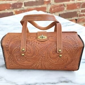 Vtg leather satchel tan tooled leather lined purse with nailed & whipstitched